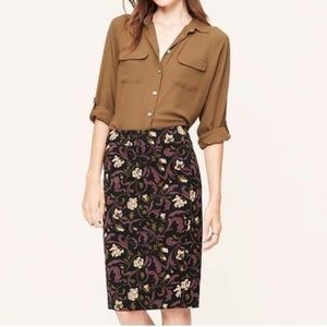 LOFT Black Floral Vine Pencil Skirt Burgundy Ivory